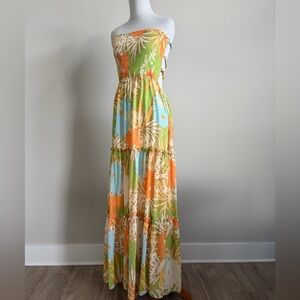 Flying Tomato Tropical Floral Tiered Maxi Dress in Green, Orange & Blue-Medium